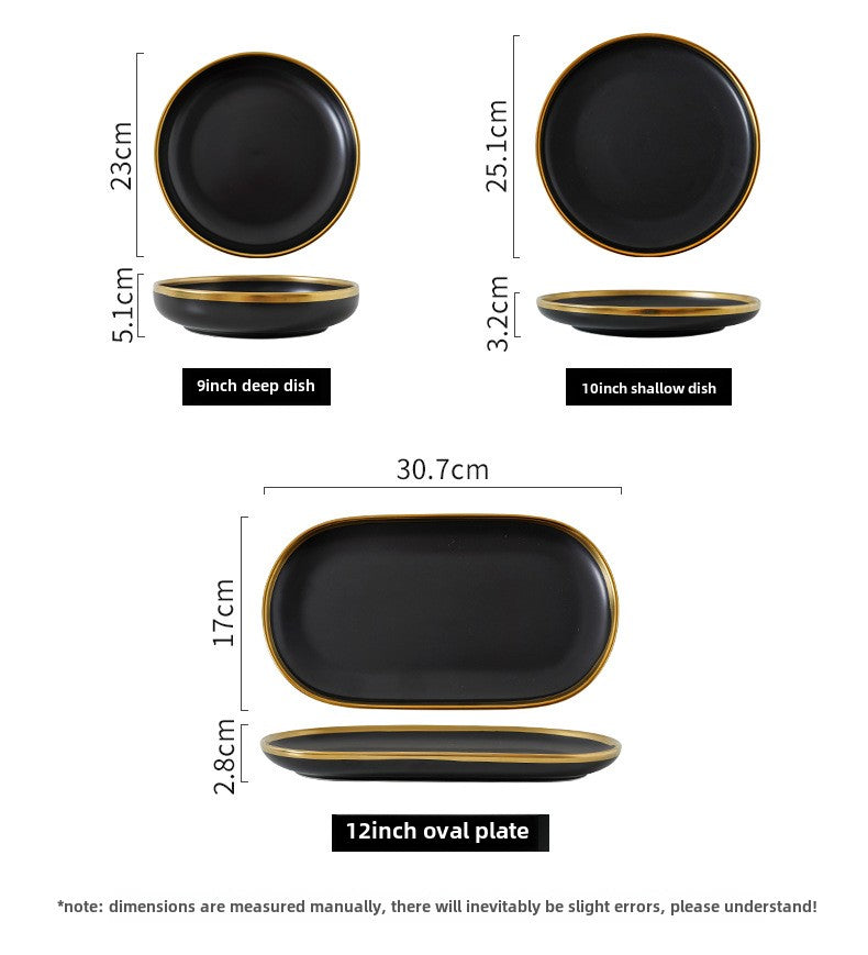 Luxury Porcelain Tableware Set - Modern Matte Black with Gold Edge (32-Piece Set with Gift Box)