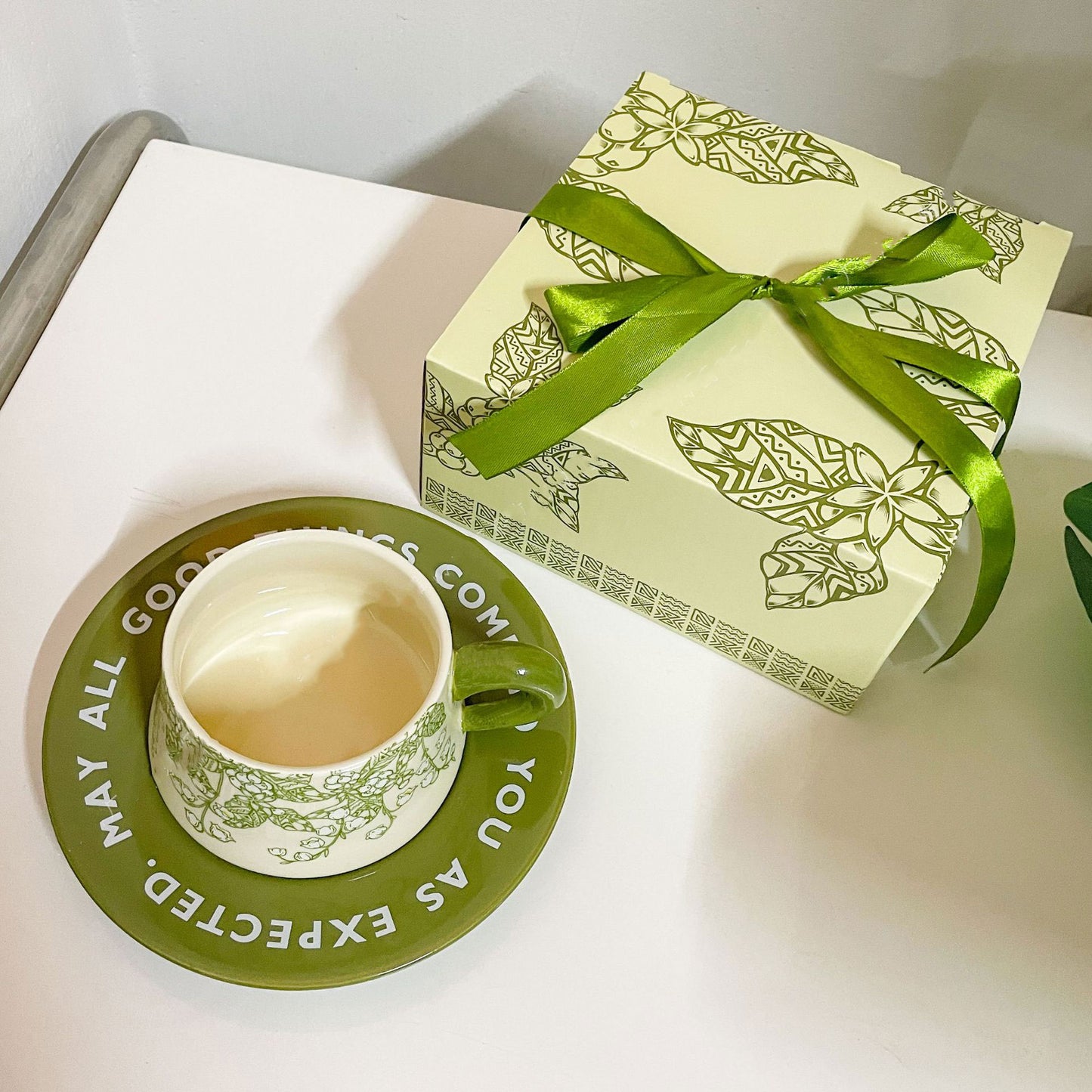 Vintage Green Kikyo Flower Coffee Cup 260ml Set of 2