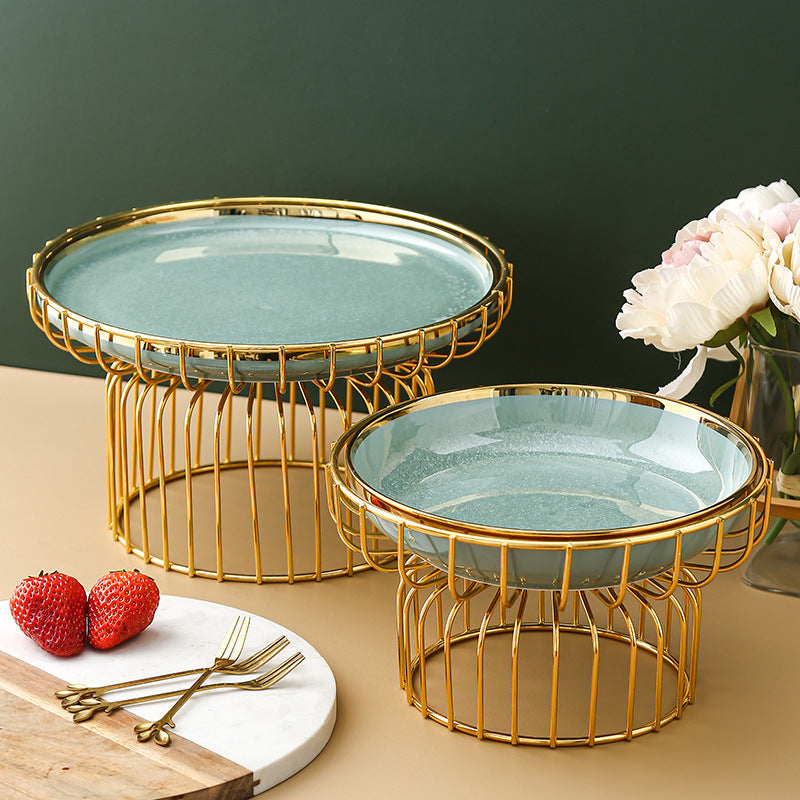 Luxury Modern Ceramic Cake & Fruit Display Plate with Golden Stand - Snack, Candy & Dessert Tray Bowl