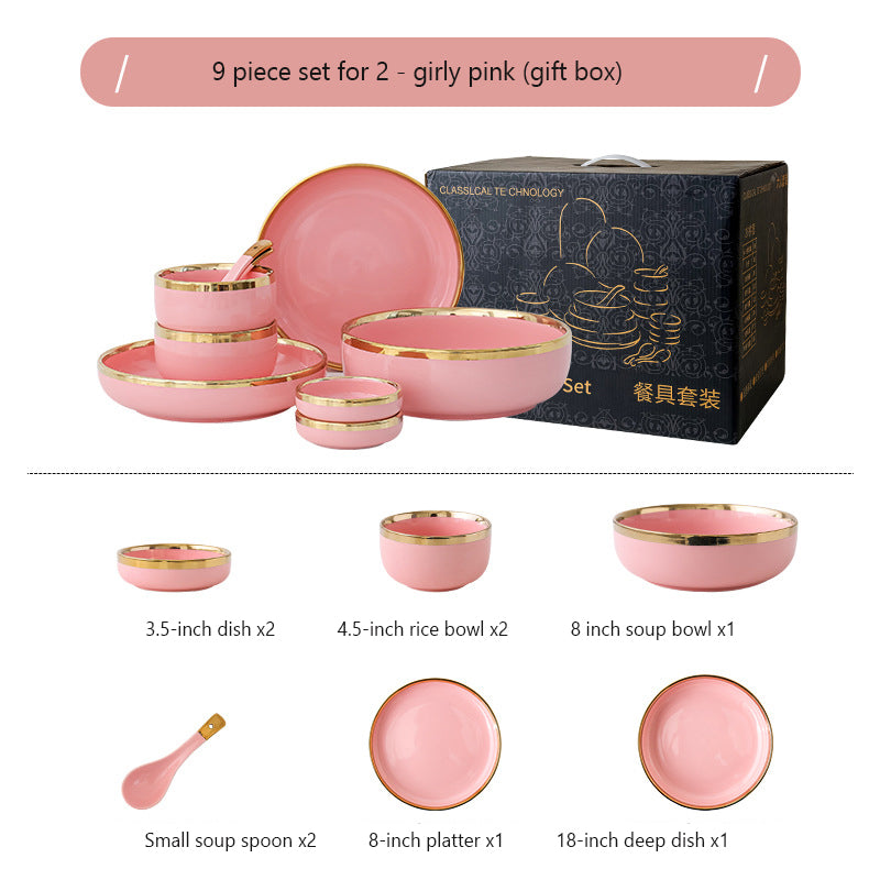 Modern Luxury Pink Gold-Edged Porcelain Dinnerware Set