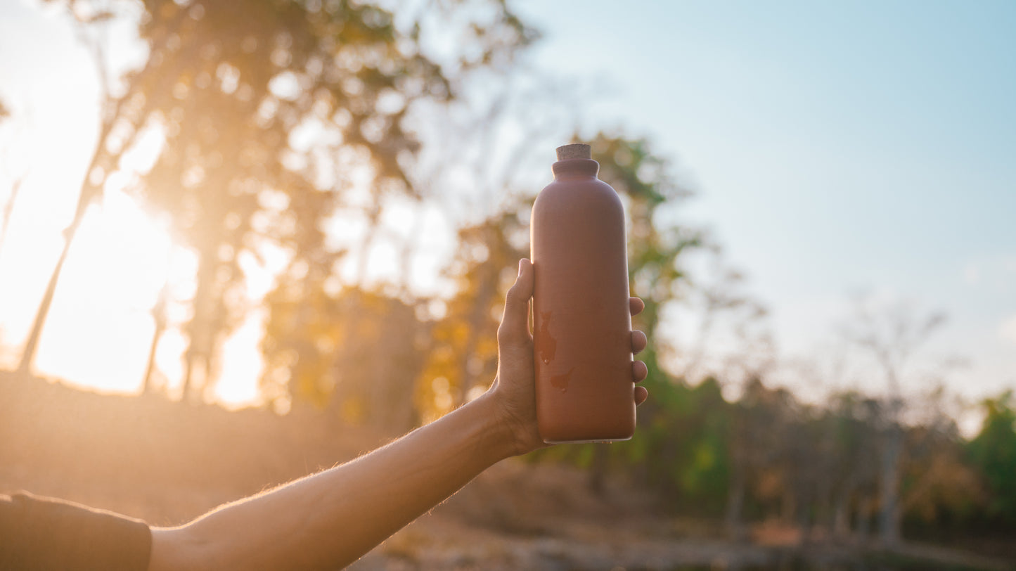 Minimal Cylindrical Terracotta Water Bottle with Cork Lid | Eco-Friendly Natural Cooling Bottle