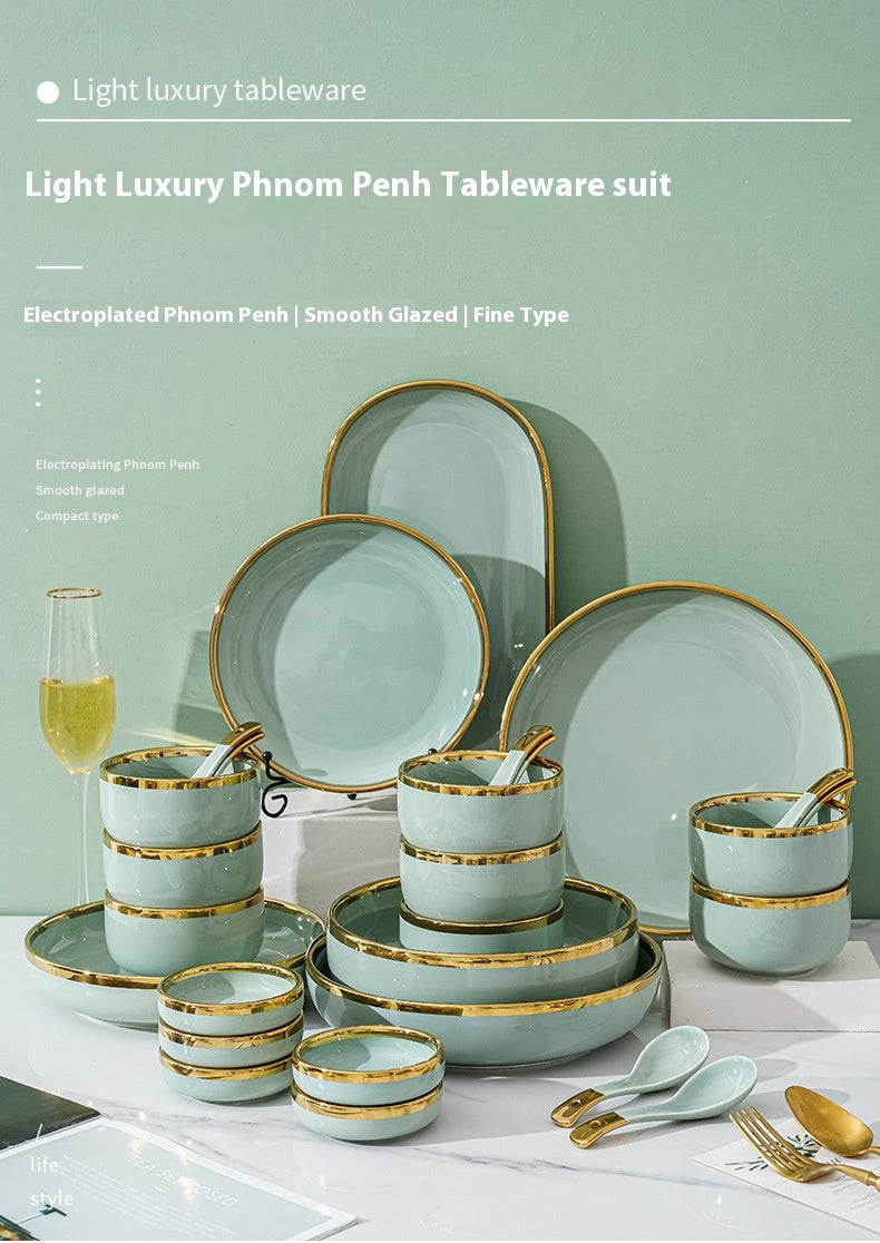 Gold-Edged Ceramic in Fruit Green (32-Piece Set with Gift Box)