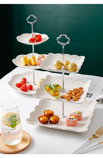 Lace Elegance – 3-Tier Ceramic Cake Stand Set | Round/Square Plates