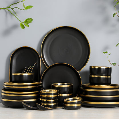 Elegant Black Dinner Set With Golden Rim