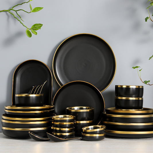 Elegant Black Dinner Set With Golden Rim