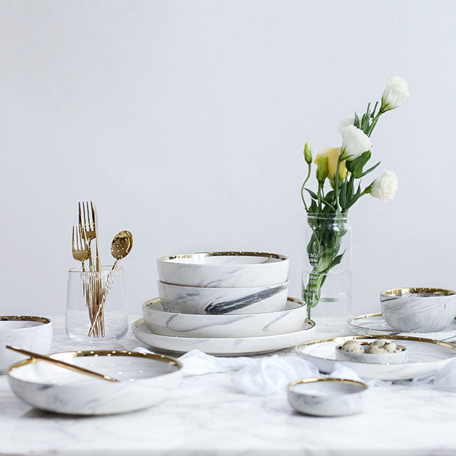 Modern Luxury White Marble Texture Gold-Edged Dinnerware