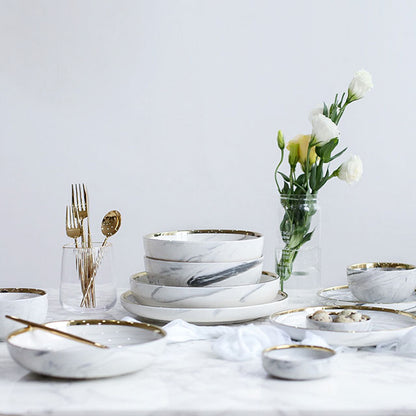 Modern Luxury White Marble Texture Gold-Edged Dinnerware