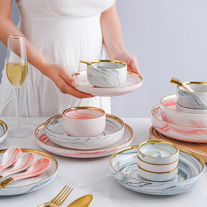 Luxury Pink/White Marble Brush Texture Gold-Edged Dinnerware