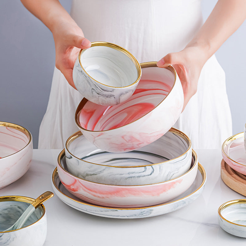 Luxury Pink/White Marble Brush Texture Gold-Edged Dinnerware