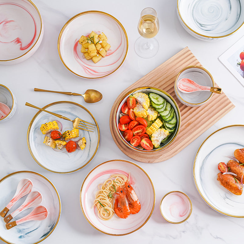 Luxury Pink/White Marble Brush Texture Gold-Edged Dinnerware
