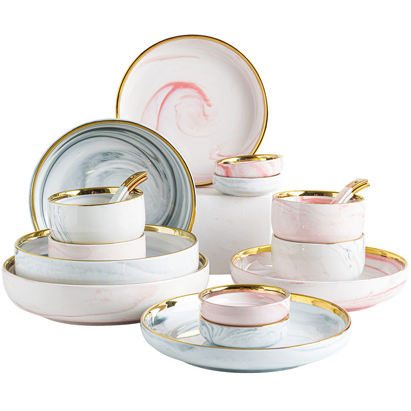 Luxury Pink/White Marble Brush Texture Gold-Edged Dinnerware