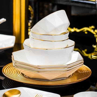 Nordic Elegant Gold Hexagonal Bone China Dinnerware