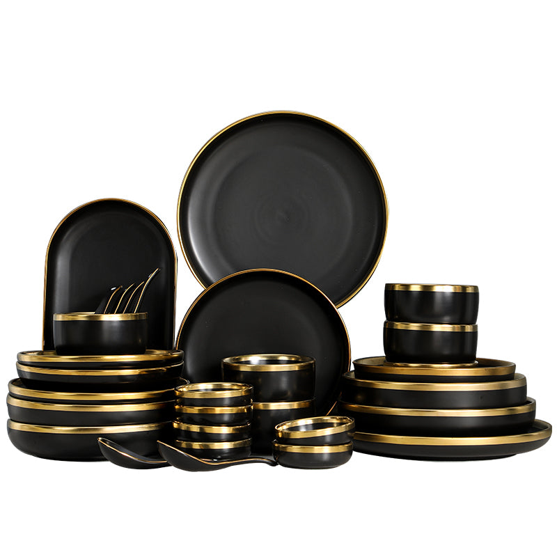 Elegant Black Dinner Set With Golden Rim