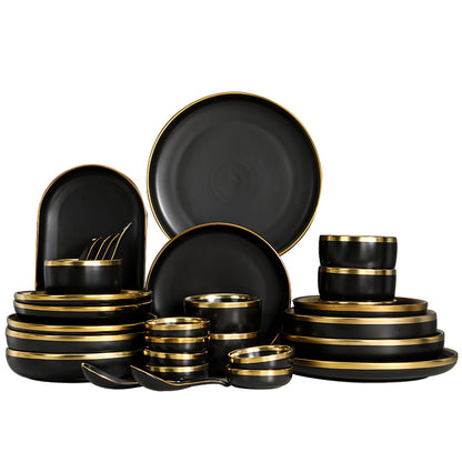 Elegant Black Dinner Set With Golden Rim