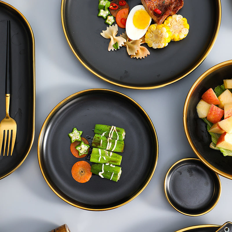 Elegant Black Dinner Set With Golden Rim