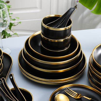 Elegant Black Dinner Set With Golden Rim