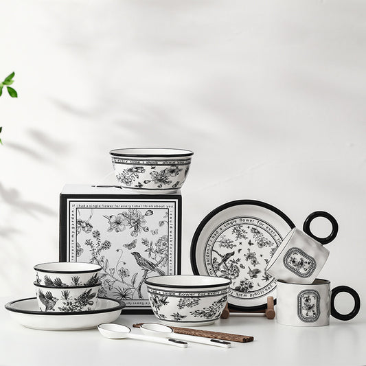 Monochrome Grace – Black & White Ceramic Cup and Dinner Set