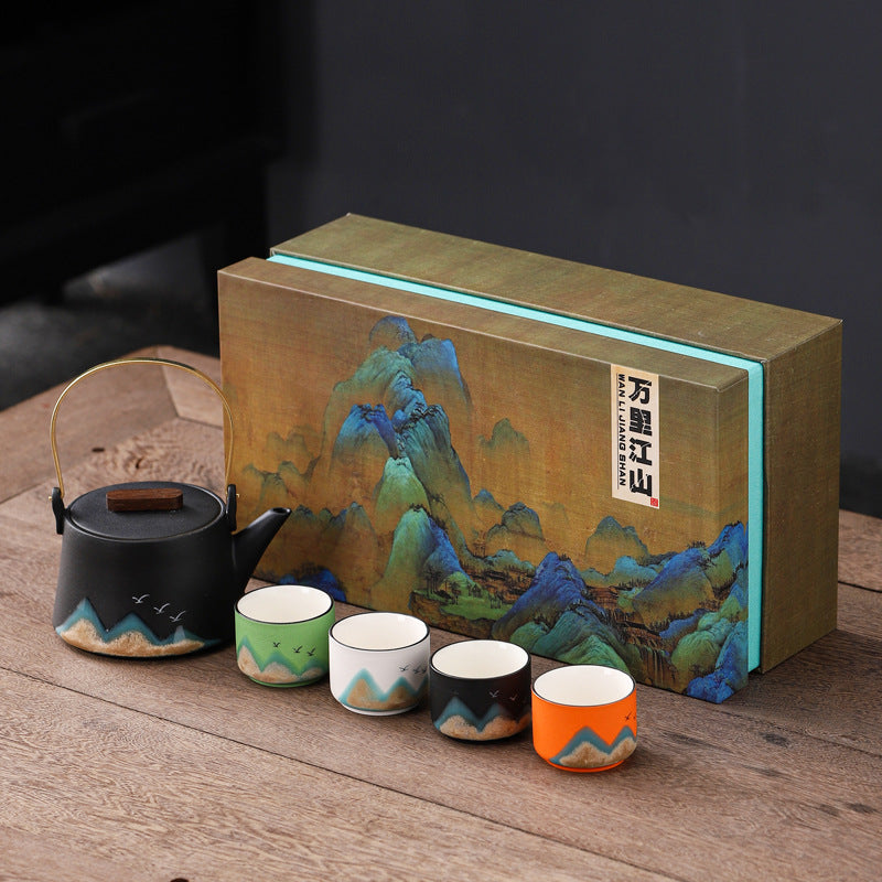 Colorful Horizons – Ceramic Teacups & Teapot Set of 4