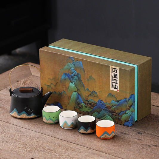 Colorful Horizons – Ceramic Teacups & Teapot Set of 4