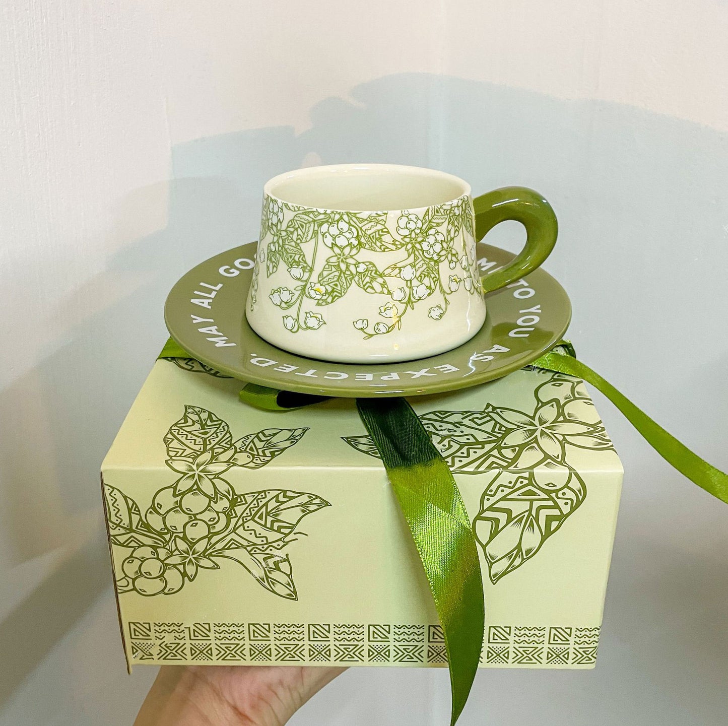 Vintage Green Kikyo Flower Coffee Cup 260ml Set of 2