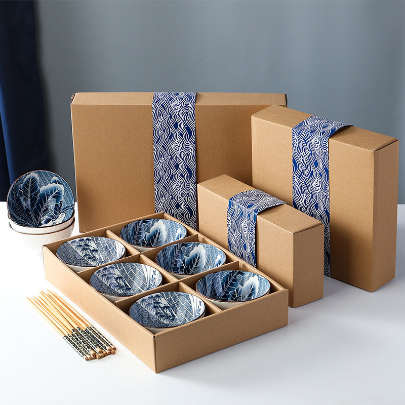 Blue Blossom – Japanese Style Hand-Painted Porcelain Bowl Set (6 pcs)