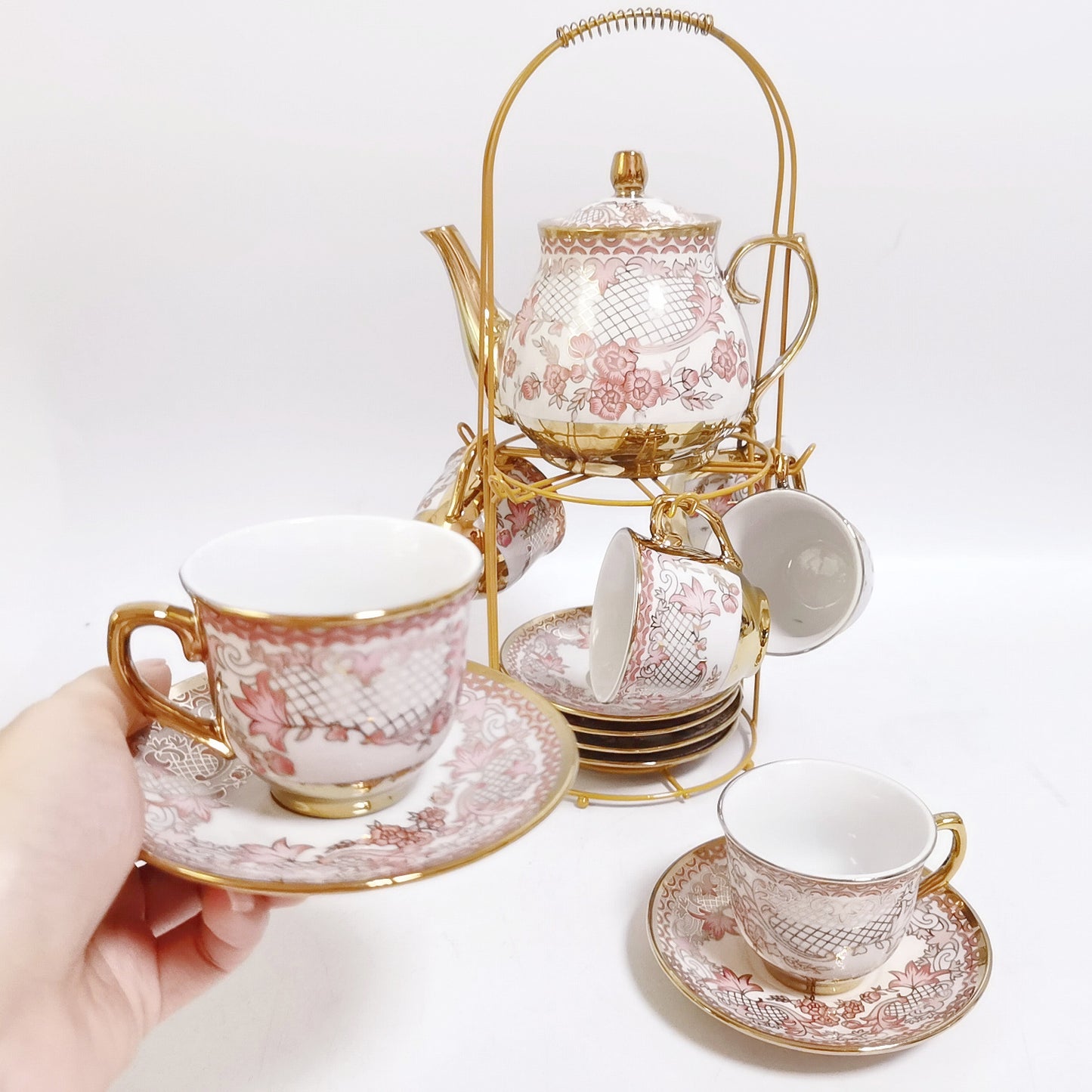 British Ceramic 13-Piece Tea Set with Golden Coffee & Tea Royal Teapot and Cups - Afternoon Tea European Style