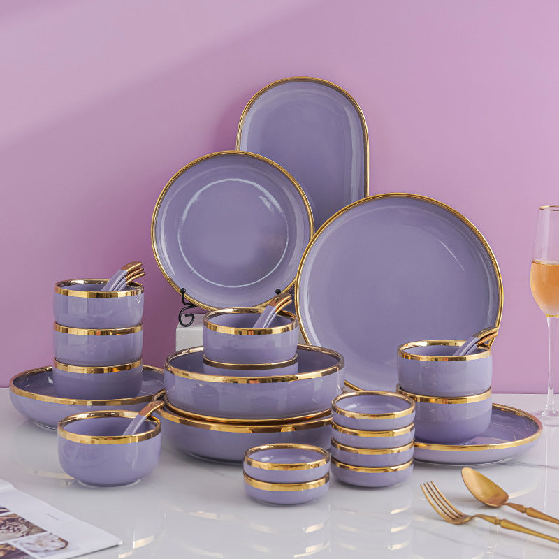 Royal Elegance: 32-Piece Luxury Gold-Edged Violet Ceramic Dinner set