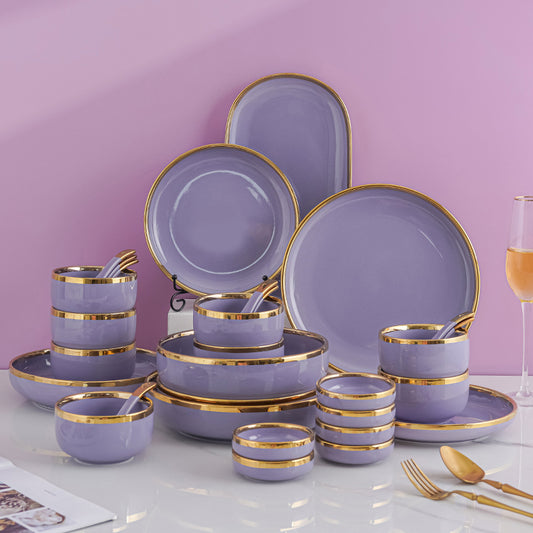 Royal Elegance: 32-Piece Luxury Gold-Edged Violet Ceramic Dinner set