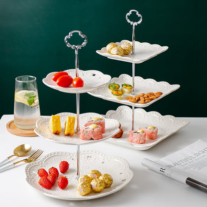 Lace Elegance – 3-Tier Ceramic Cake Stand Set | Round/Square Plates