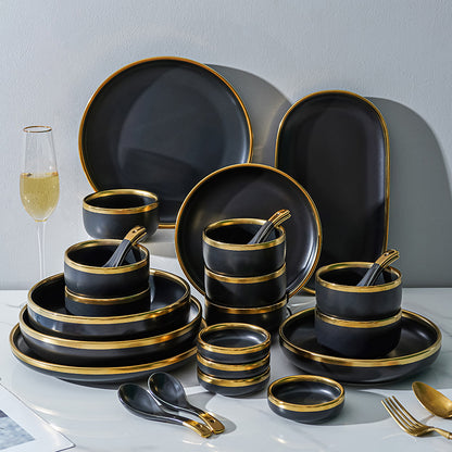 Luxury Porcelain Tableware Set - Modern Matte Black with Gold Edge (32-Piece Set with Gift Box)