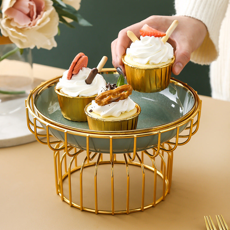 Luxury Modern Ceramic Cake & Fruit Display Plate with Golden Stand - Snack, Candy & Dessert Tray Bowl