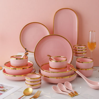 Modern Luxury Pink Gold-Edged Porcelain Dinnerware Set