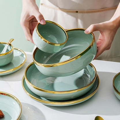 Gold-Edged Ceramic in Fruit Green (32-Piece Set with Gift Box)
