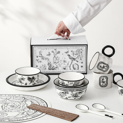 Monochrome Grace – Black & White Ceramic Cup and Dinner Set