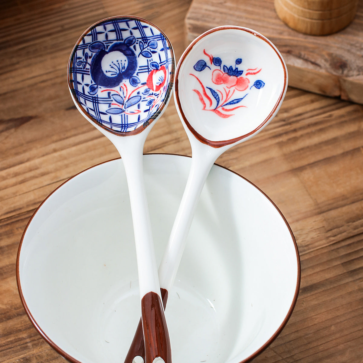 Japanese Style Flower Pattern Long Handle Ceramic Spoon Flatware Set - Noodle, Soup & Dinner Spoons