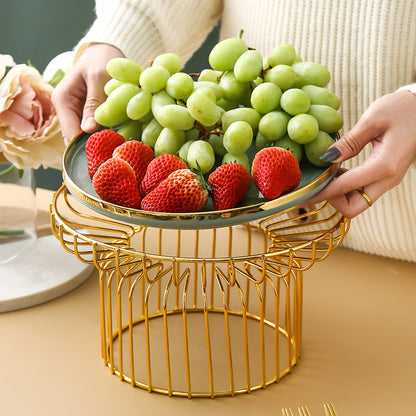 Luxury Modern Ceramic Cake & Fruit Display Plate with Golden Stand - Snack, Candy & Dessert Tray Bowl