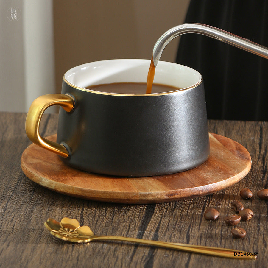 Wooden Gold Rimmed Coffee Cups with Plates & Spoons 270ml