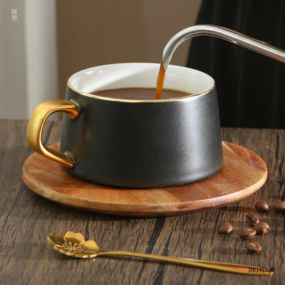 Wooden Gold Rimmed Coffee Cups with Plates & Spoons 270ml