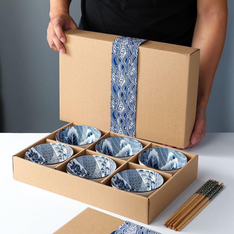 Blue Blossom – Japanese Style Hand-Painted Porcelain Bowl Set (6 pcs)