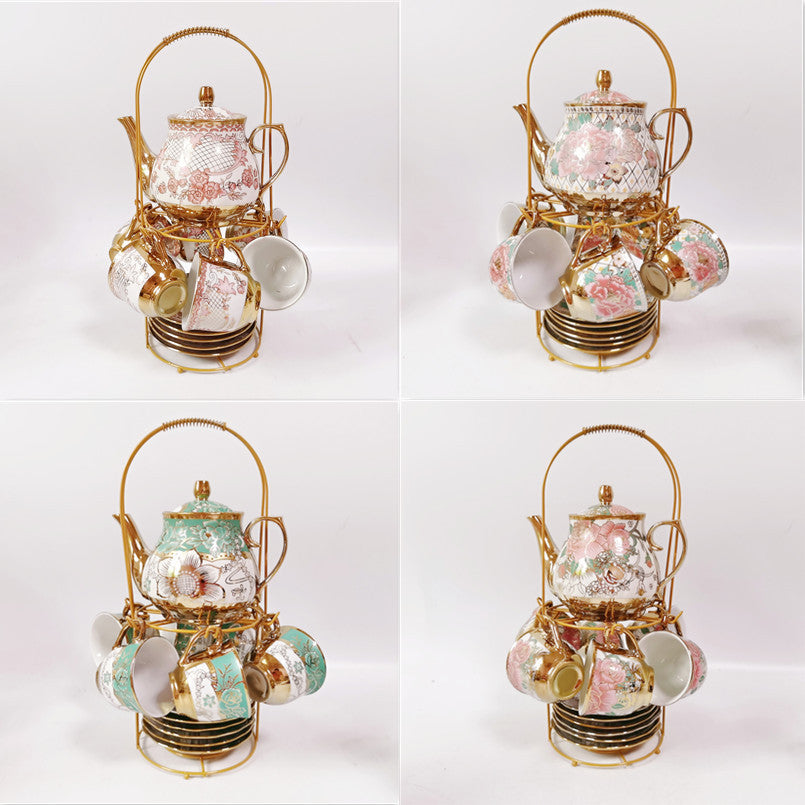 British Ceramic 13-Piece Tea Set with Golden Coffee & Tea Royal Teapot and Cups - Afternoon Tea European Style