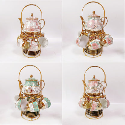 British Ceramic 13-Piece Tea Set with Golden Coffee & Tea Royal Teapot and Cups - Afternoon Tea European Style