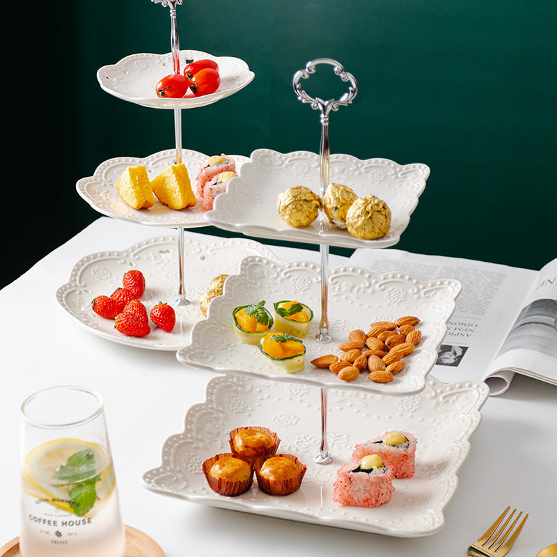 Lace Elegance – 3-Tier Ceramic Cake Stand Set | Round/Square Plates