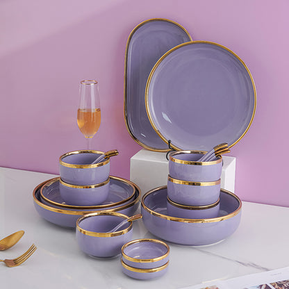 Royal Elegance: 32-Piece Luxury Gold-Edged Violet Ceramic Dinner set