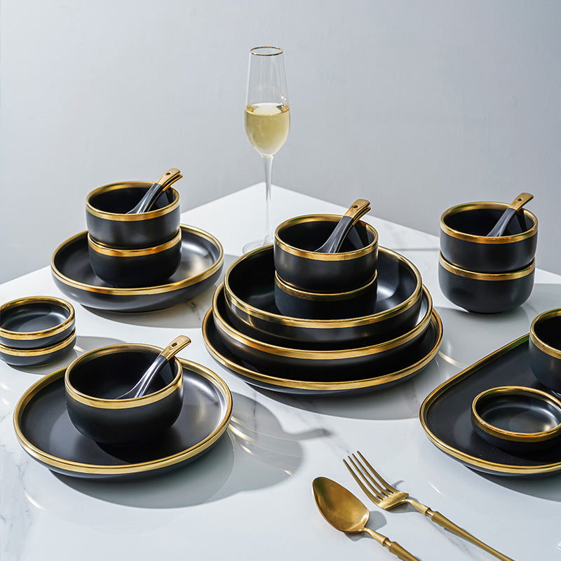 Luxury Porcelain Tableware Set - Modern Matte Black with Gold Edge (32-Piece Set with Gift Box)