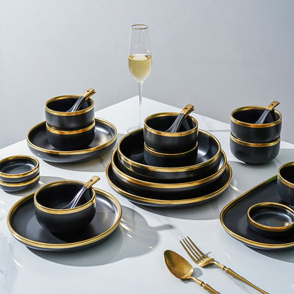 Luxury Porcelain Tableware Set - Modern Matte Black with Gold Edge (32-Piece Set with Gift Box)