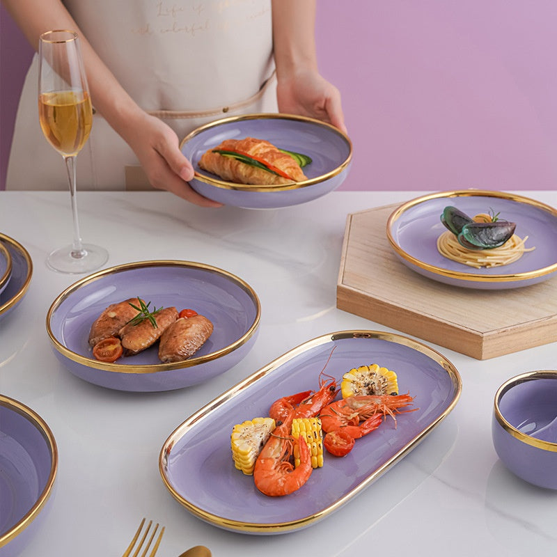 Royal Elegance: 32-Piece Luxury Gold-Edged Violet Ceramic Dinner set