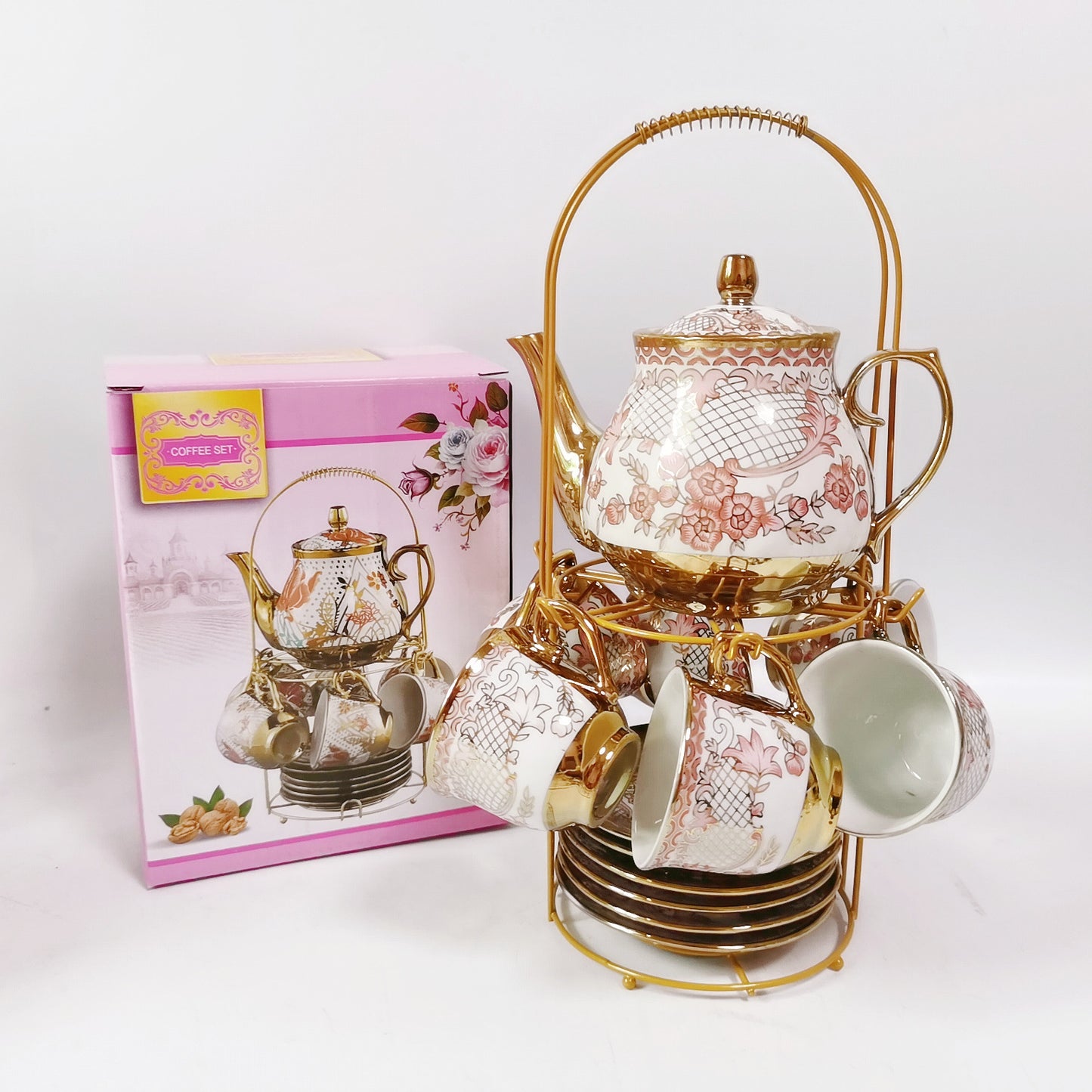 British Ceramic 13-Piece Tea Set with Golden Coffee & Tea Royal Teapot and Cups - Afternoon Tea European Style