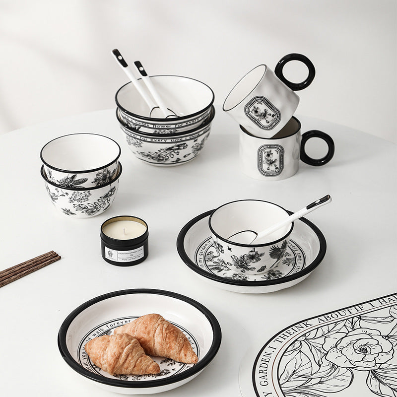 Monochrome Grace – Black & White Ceramic Cup and Dinner Set