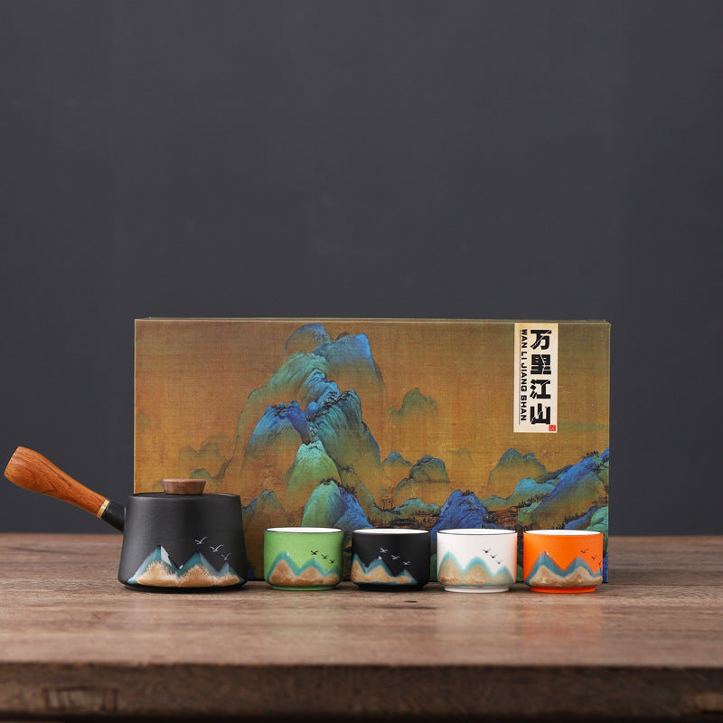 Colorful Horizons – Ceramic Teacups & Teapot Set of 4