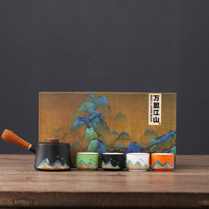 Colorful Horizons – Ceramic Teacups & Teapot Set of 4